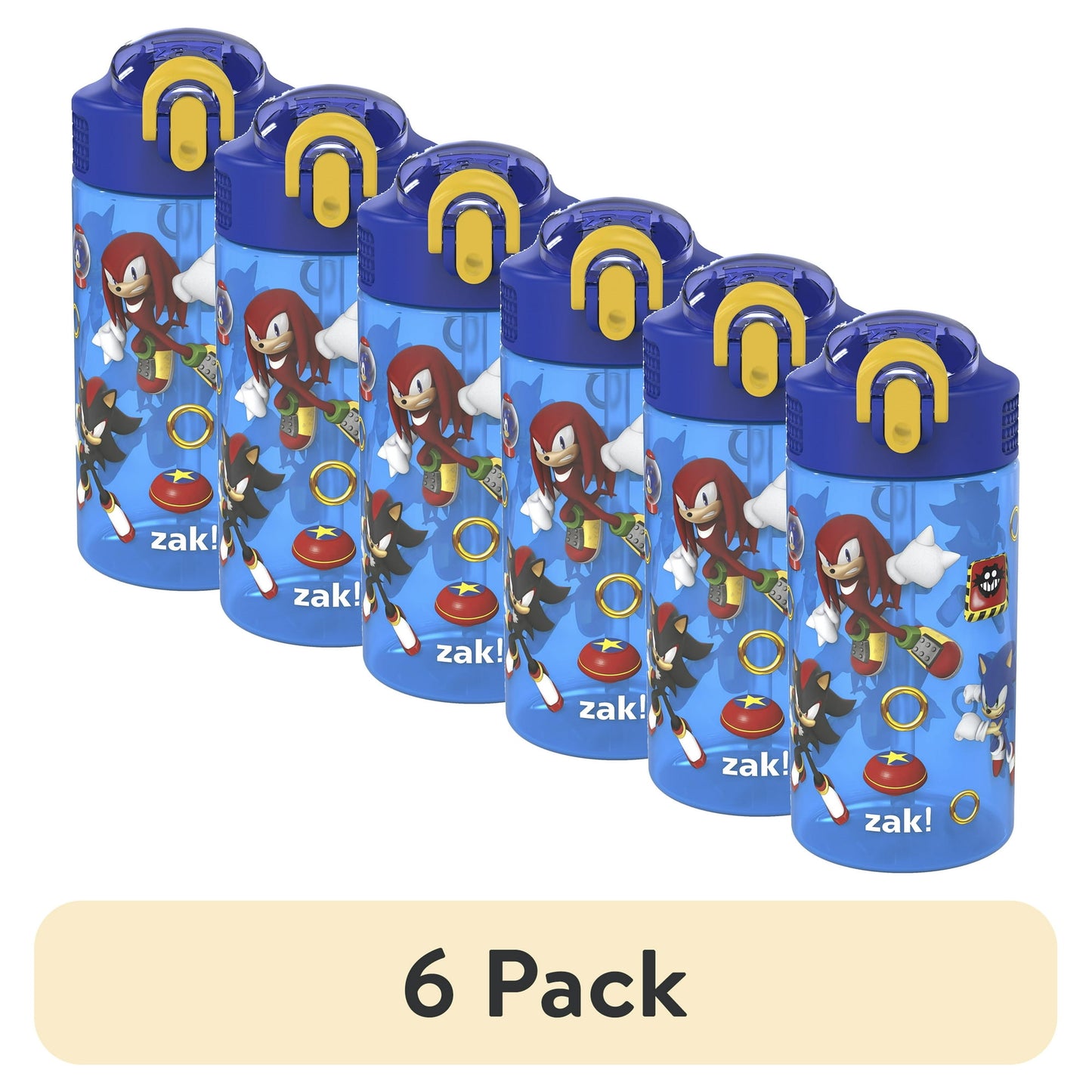 Six blue water bottles with cartoon character design on a white background
