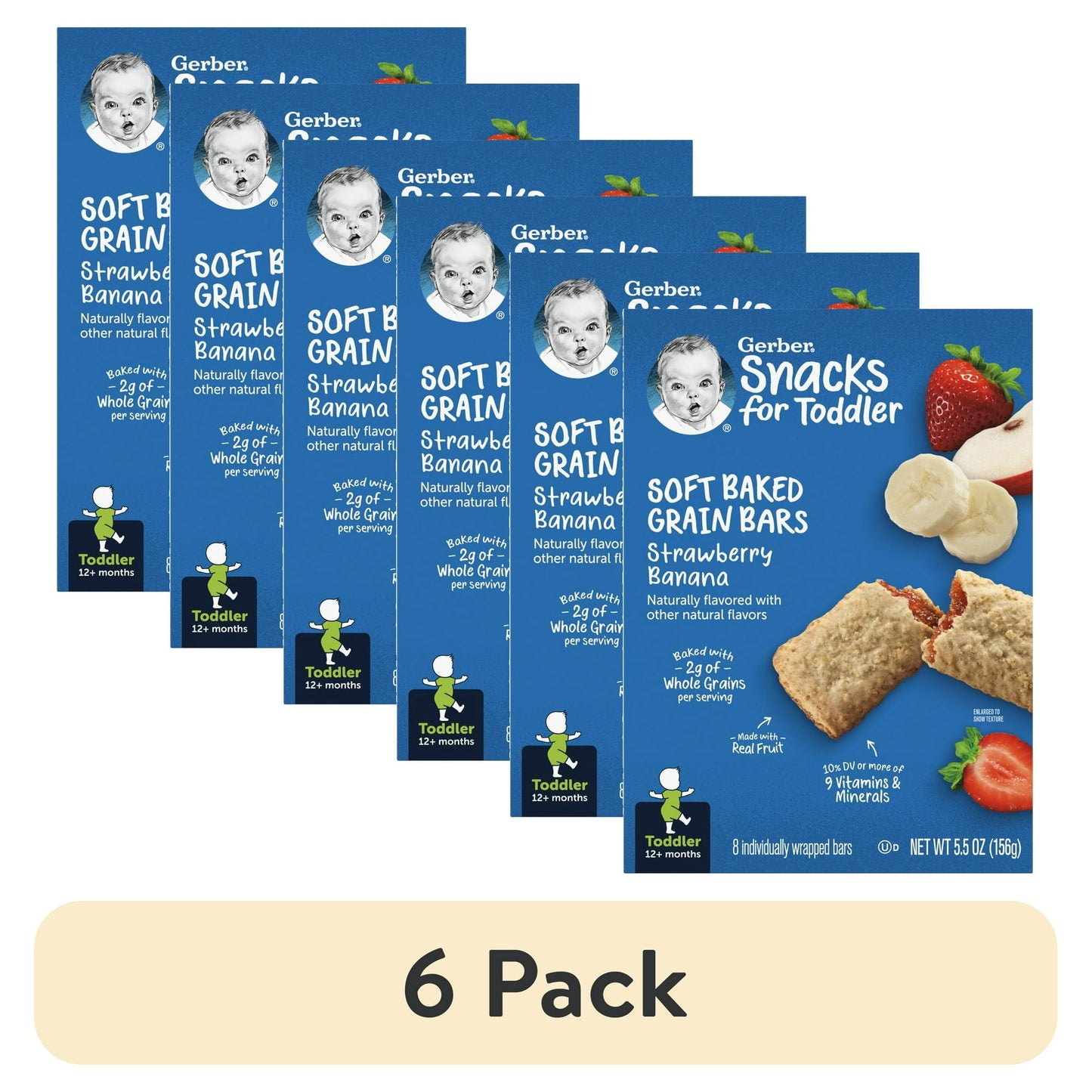 Six packs of Soft Baked Grain Bars with strawberry and banana flavor on a white background.