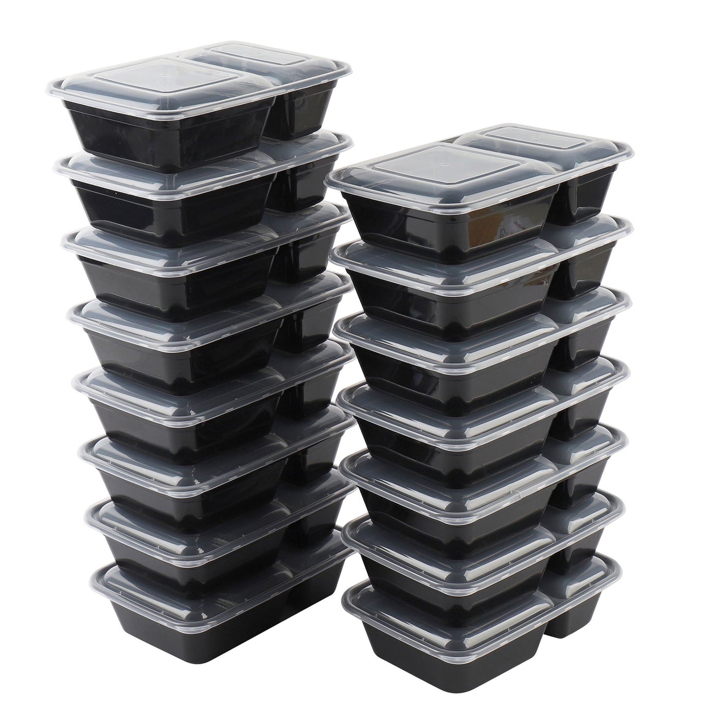 Stack of black food containers with clear lids on a white background