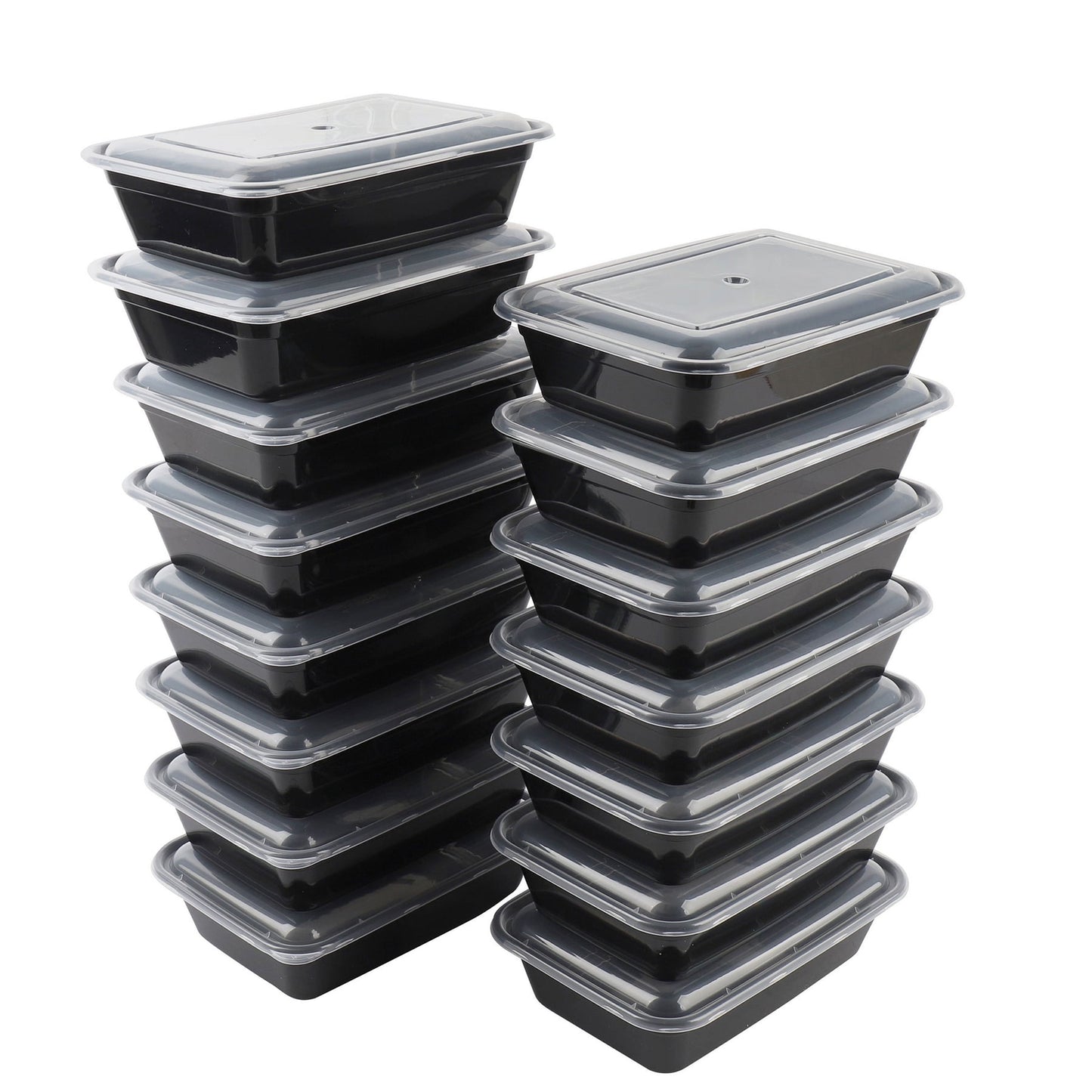 Stack of black food containers with clear lids on a white background