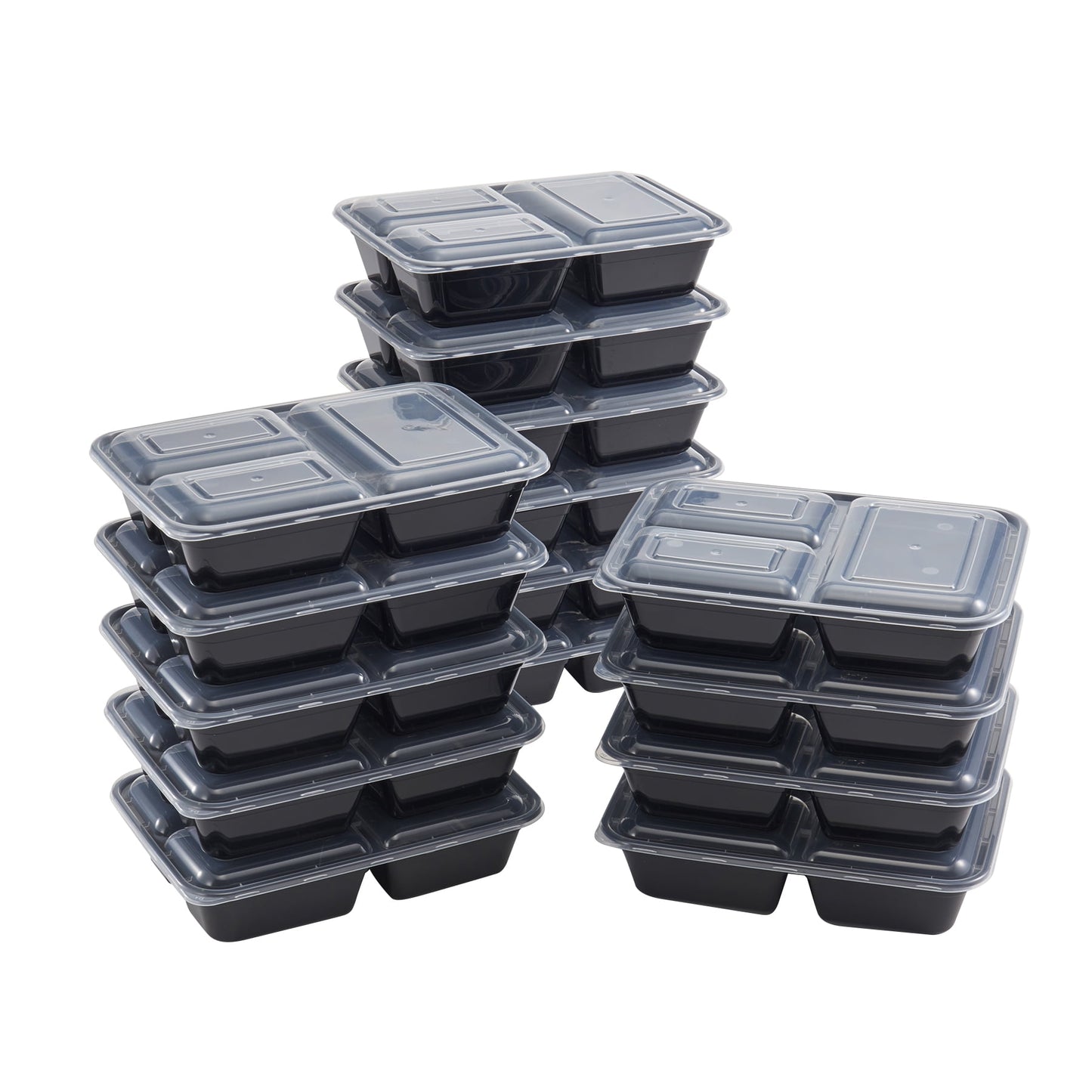 Stack of black food containers with clear lids