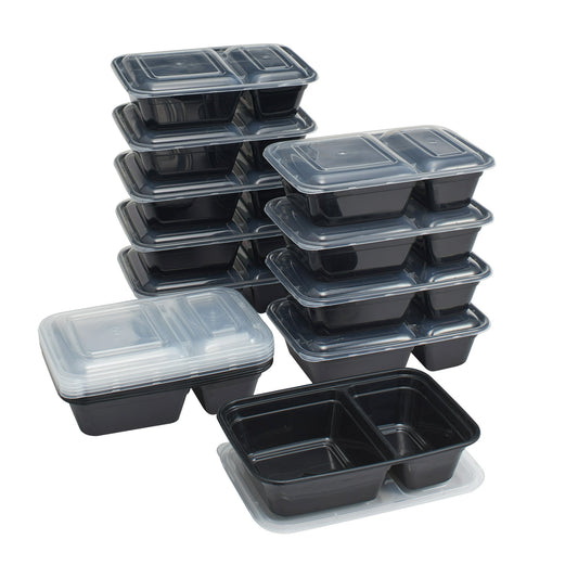 Stack of black food containers with clear lids