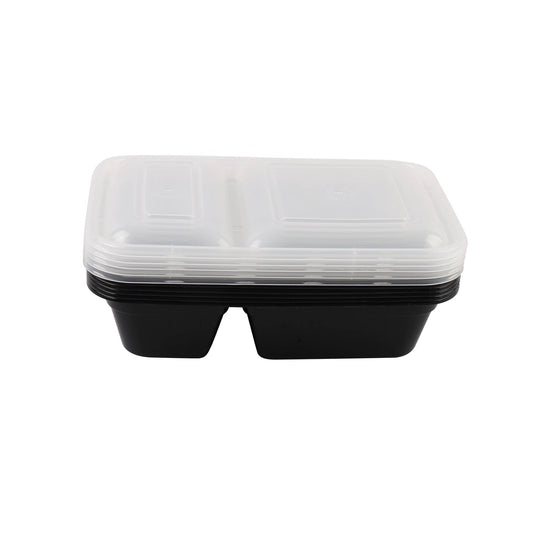 Stack of black food containers with clear lids on a white background
