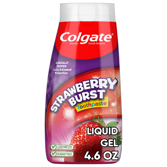 Strawberry Burst toothpaste liquid gel bottle on a white background