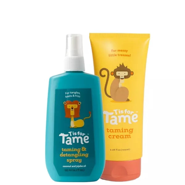 Taming spray and cream with lion and monkey designs on a white background