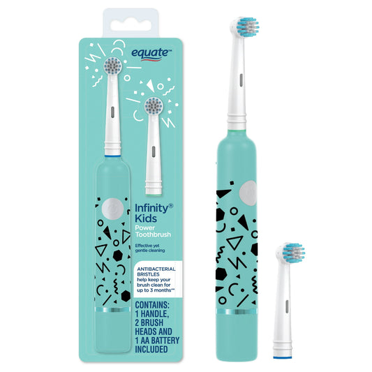 Teal electric kids toothbrush with packaging featuring branding on a white background