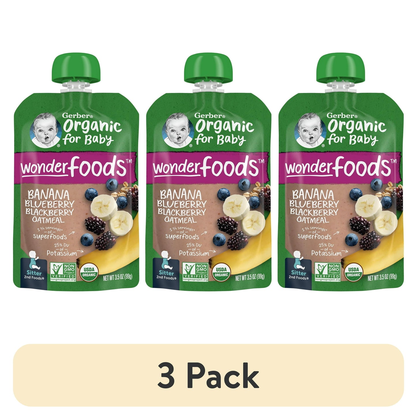 Three-pack of Organic for Baby food pouches on a white background