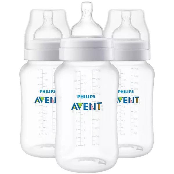 Three baby bottles on a white background