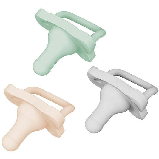 Three baby pacifiers in green, beige, and gray on a white background