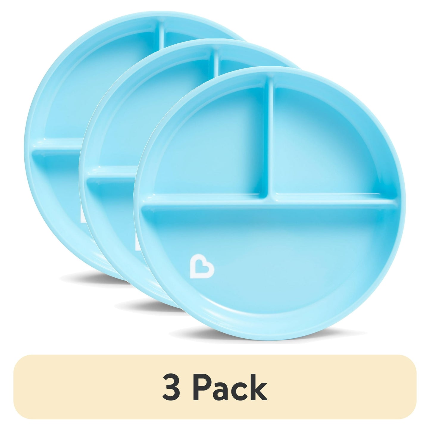 Three blue divided plates with a heart logo on a white background, labeled '3 Pack'.