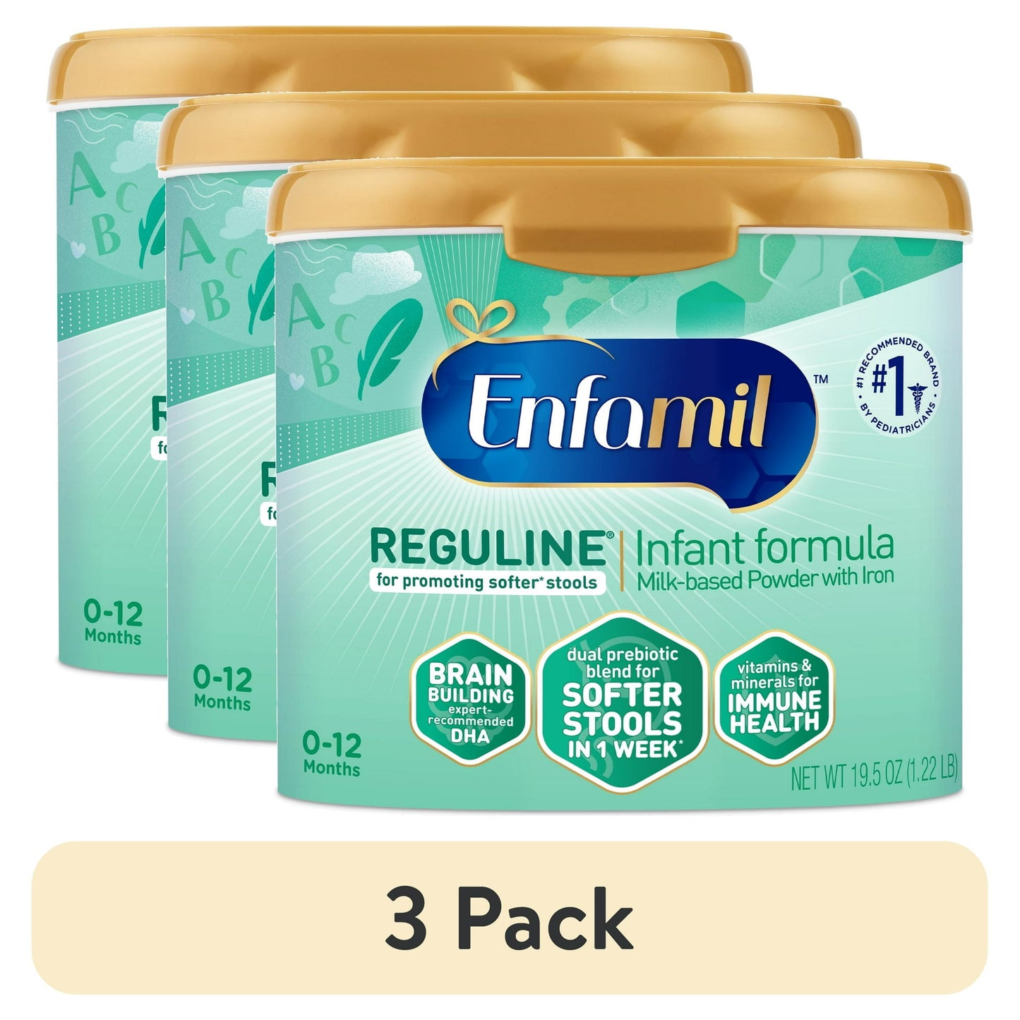 Three cans of infant formula with a beige banner indicating '3 Pack' on a white background.