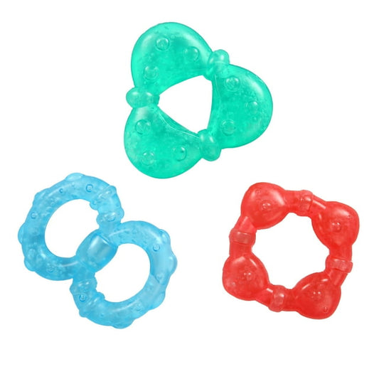 Three colorful butterfly-shaped teething rings on a white background