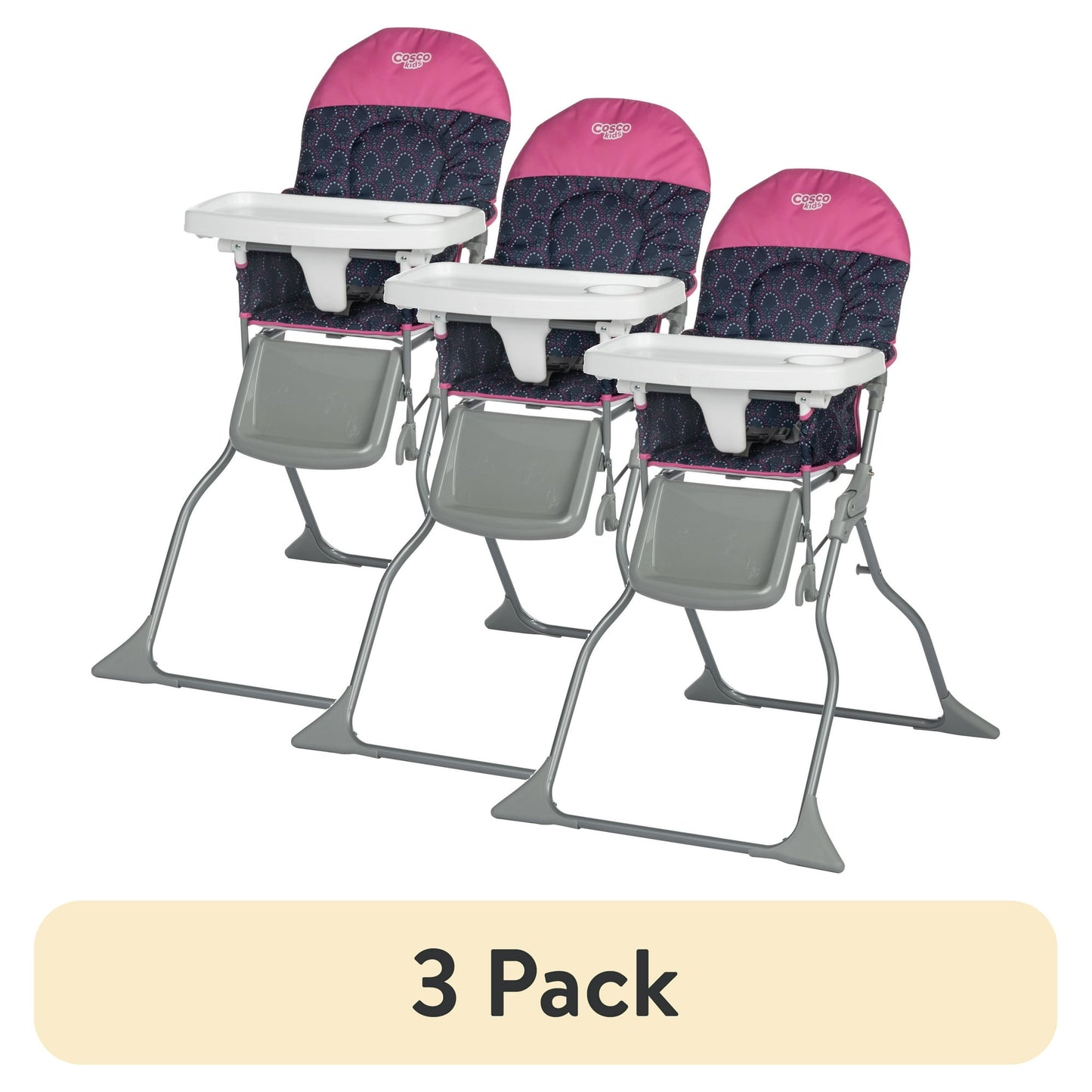 Three high chairs with pink and navy seats on a white background