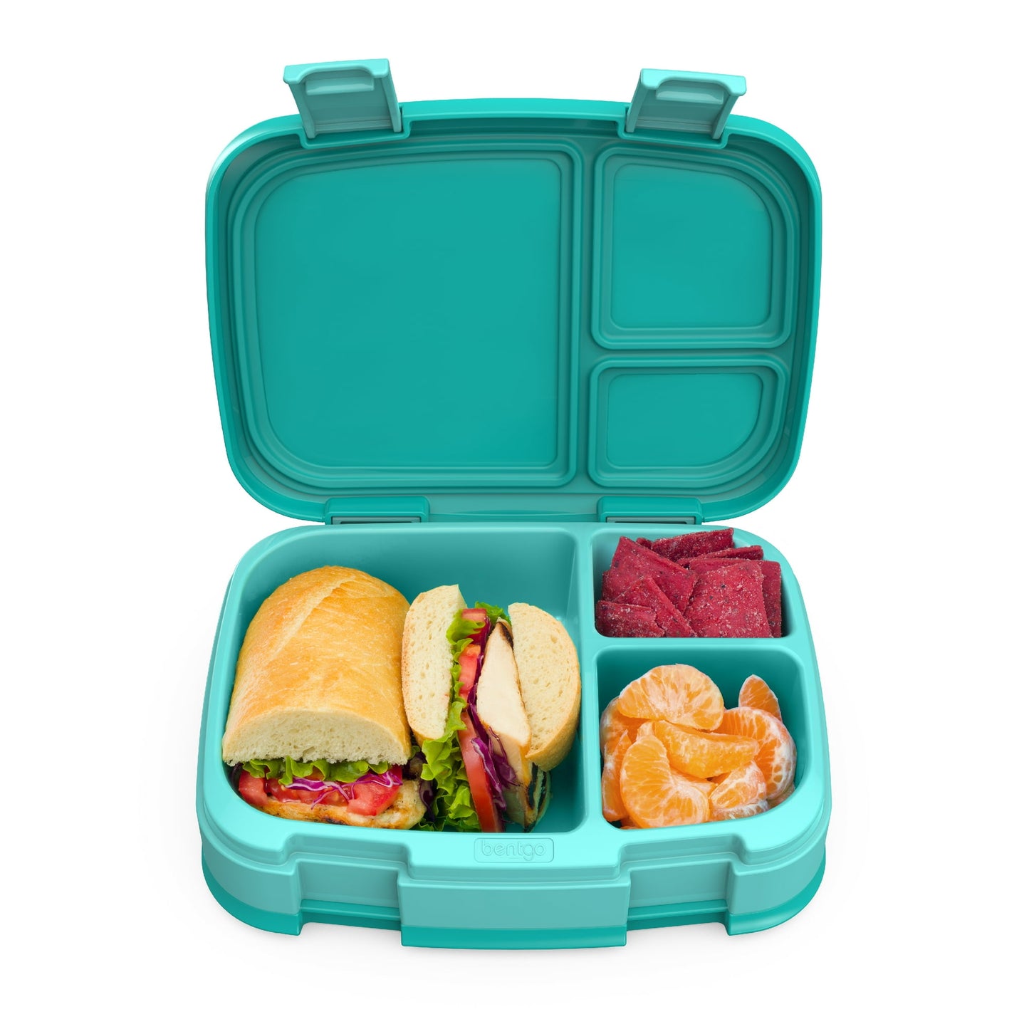 Turquoise bento lunch box with a sandwich, fruit, and meat slices on a white background