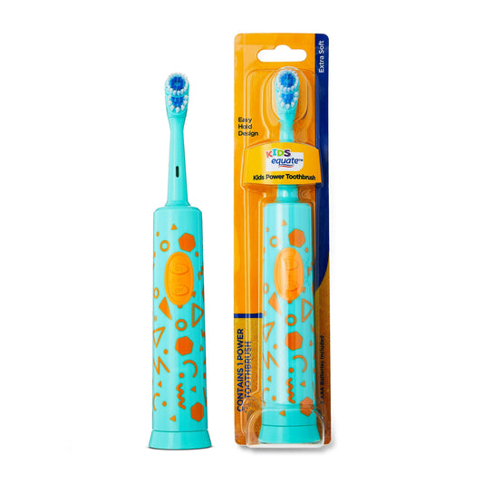 Turquoise children's power toothbrush with orange patterns in packaging on a white background