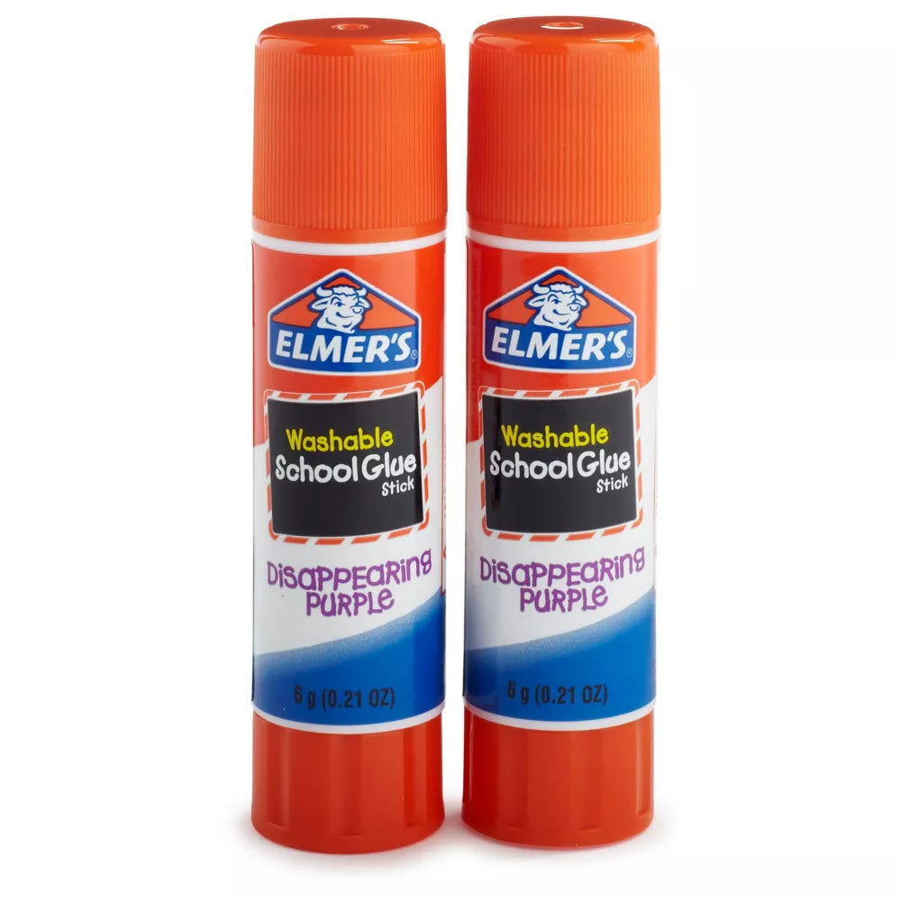 Two Elmer's Disappearing Purple school glue sticks on a white background