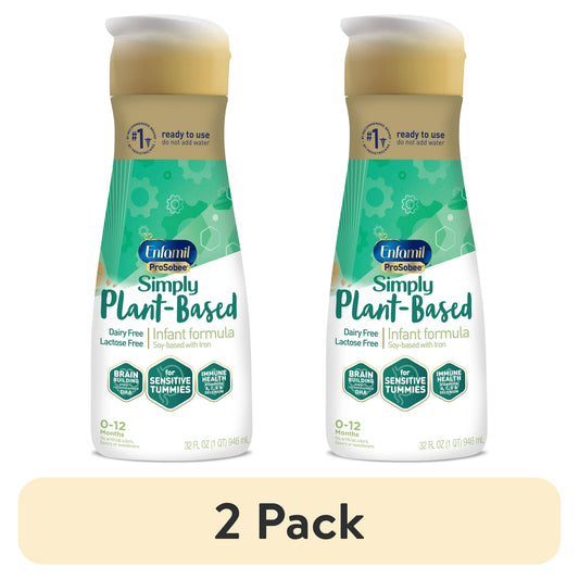 Two bottles of Plant-Based Infant formula on a white background