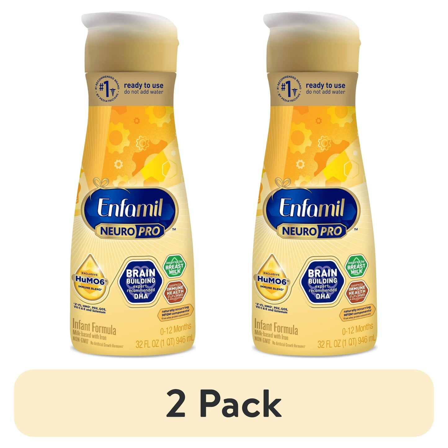 Two bottles of infant formula on a white background