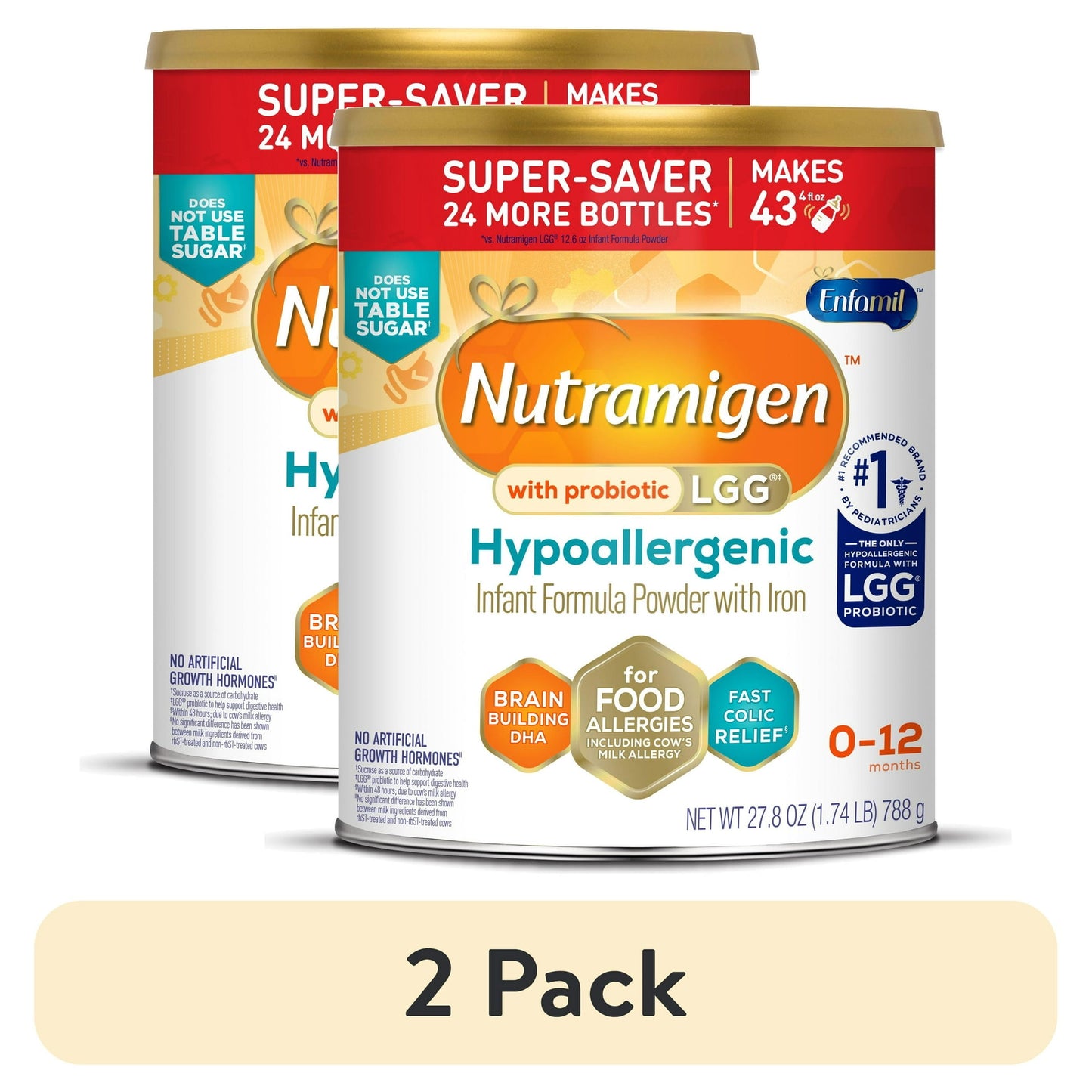 Two cans of Hypoallergenic infant formula powder with a '2 Pack' label on a white background.