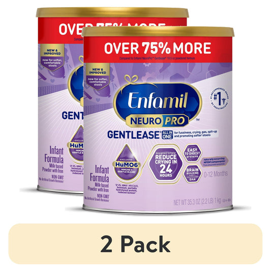 Two cans of infant formula with a red label and purple packaging.