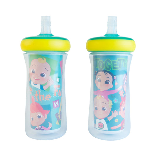 Two children's sippy cups with cartoon characters on a white background