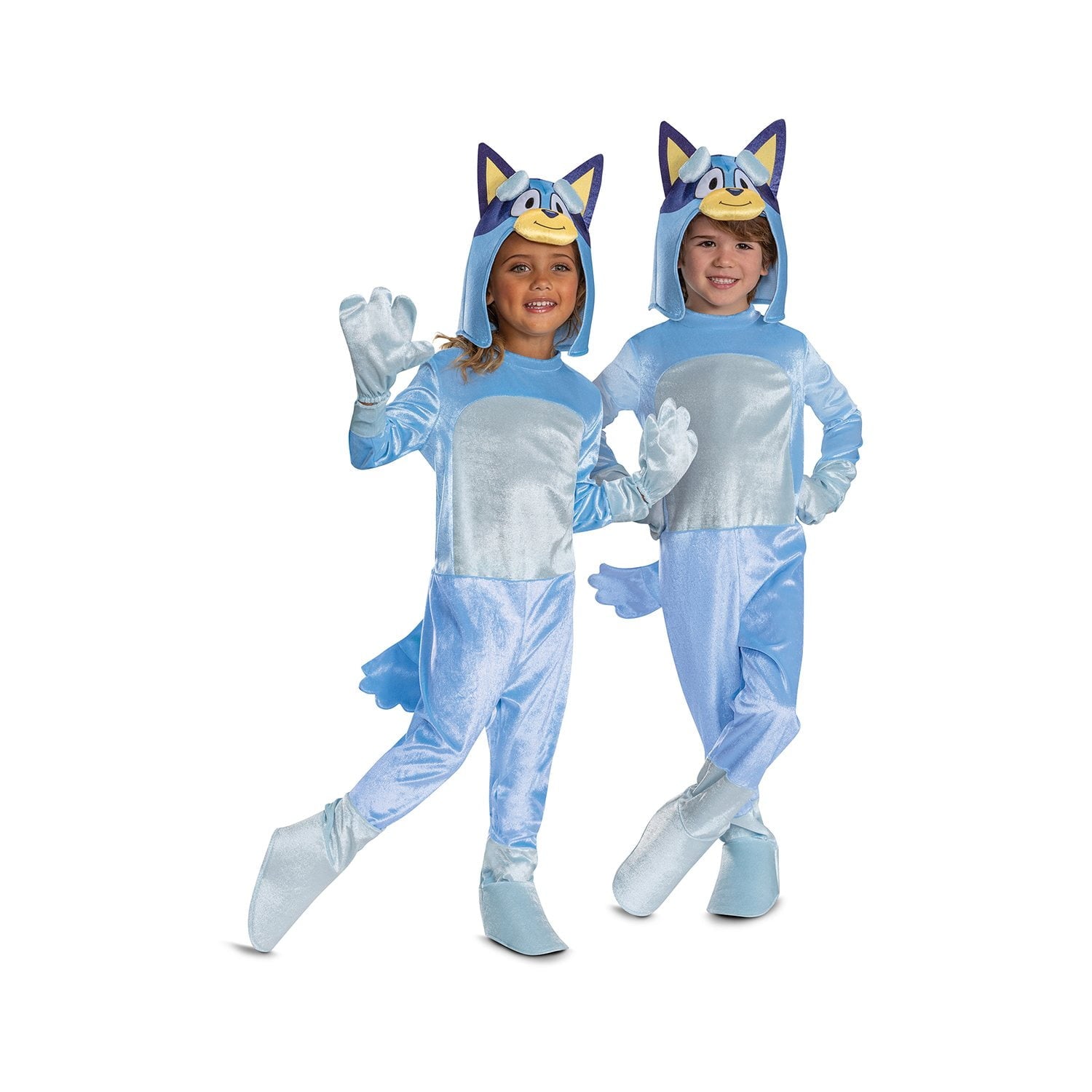 Two children wearing blue and gray animal Halloween costumes on a white background
