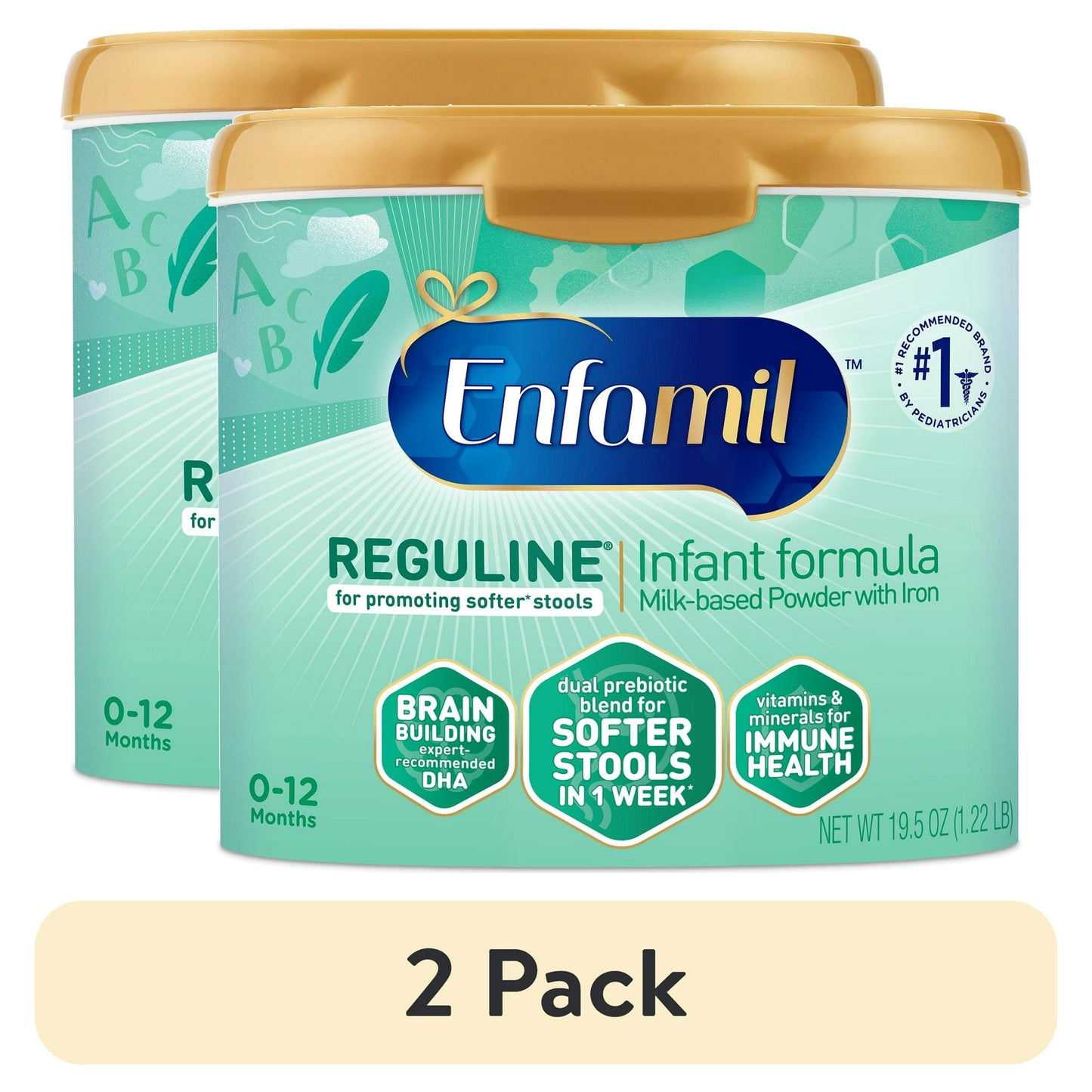 Two containers of Infant Formula with gold lids on a light beige background.