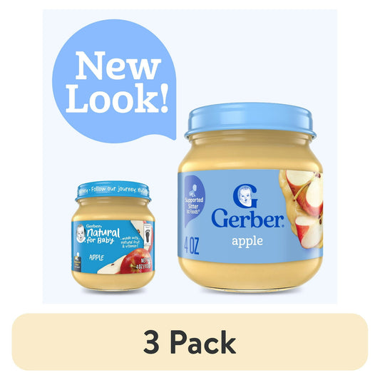 Two jars of baby food with a 'New Look!' label and '3 Pack' text on a white background.