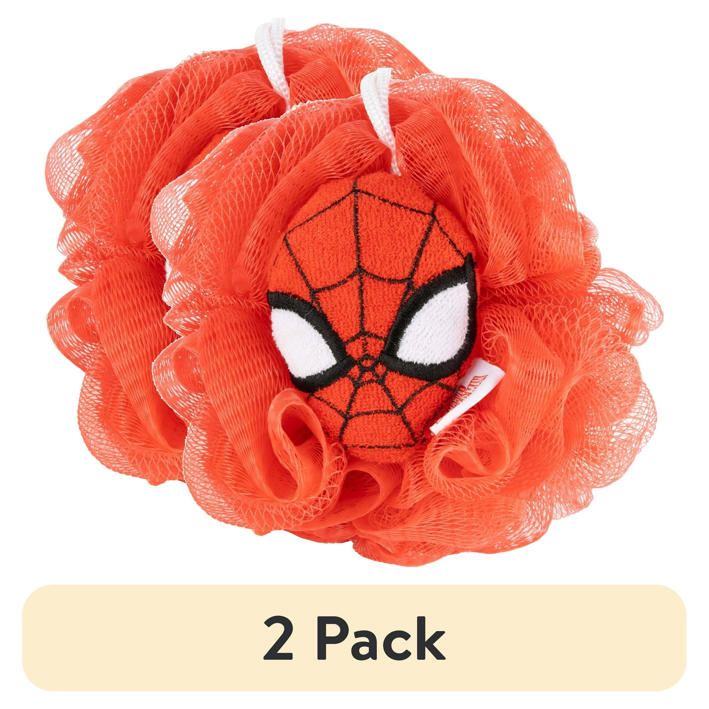 Two orange mesh scrubbers with Spider-Man face design on a white background