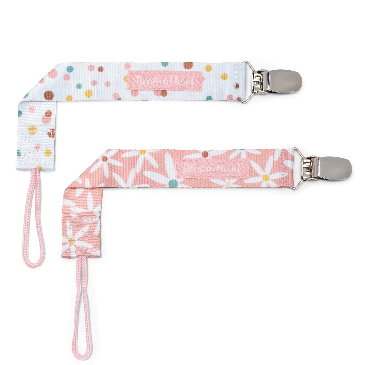 Two pacifier clips with colorful patterns on a white background