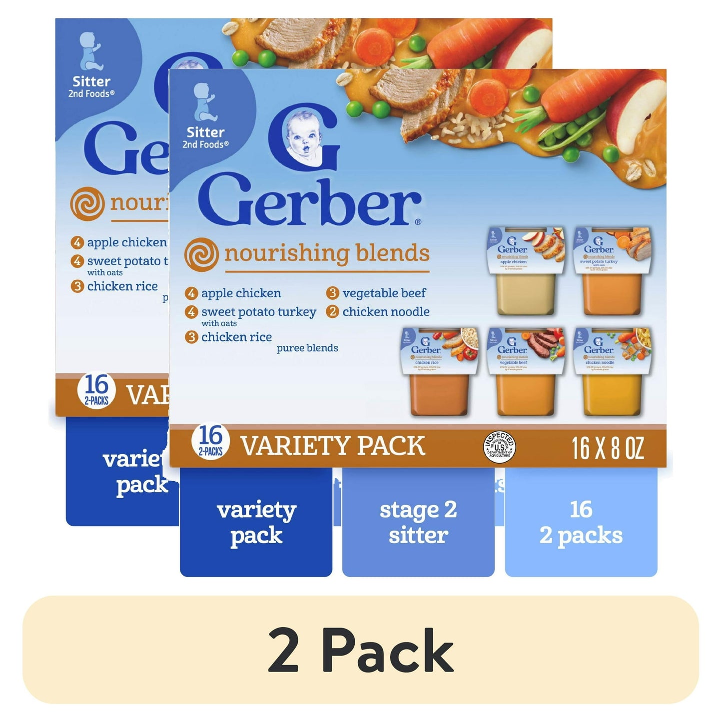 Two packages of Nourishing Blends baby food variety packs on a white background.