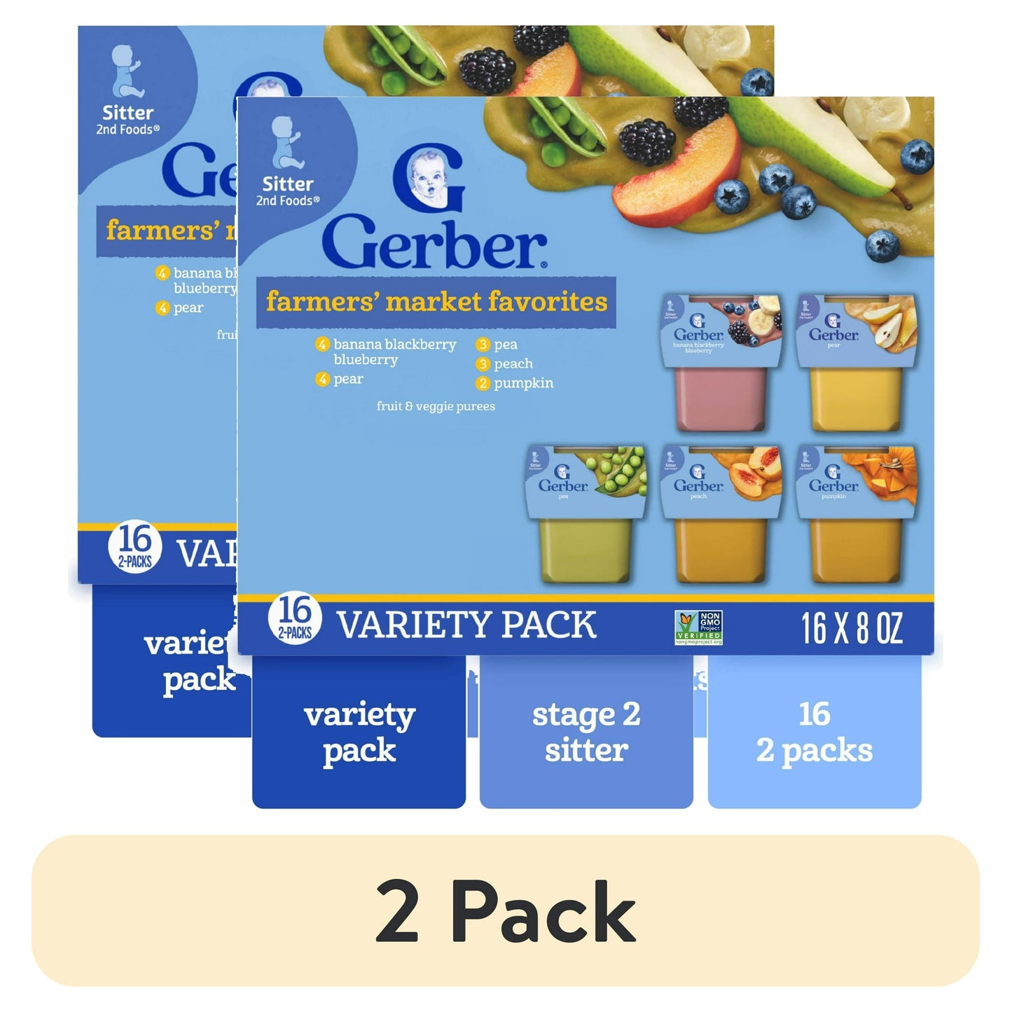 Two packages of baby food variety packs on a white background.