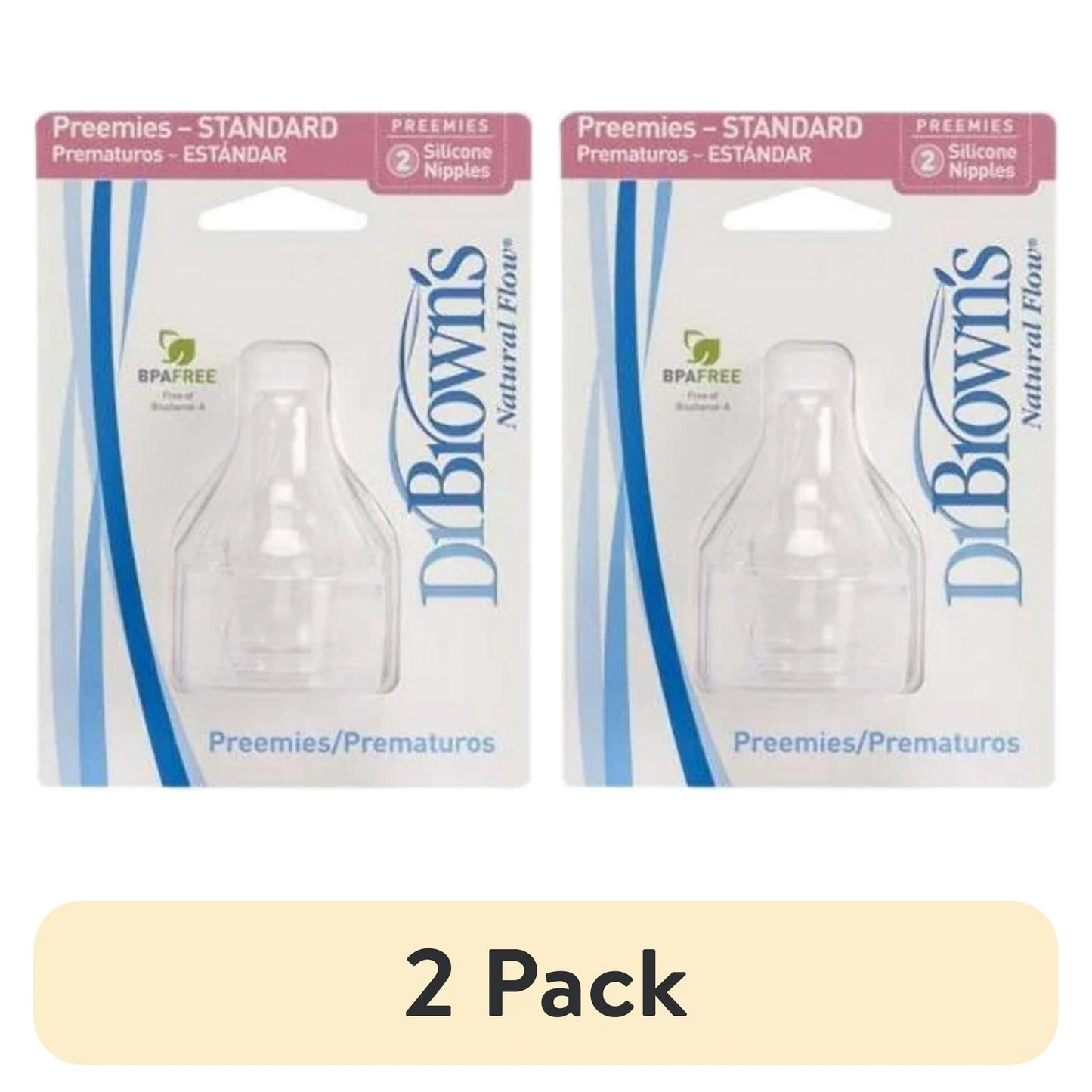 Two packages of preemie bottle nipple with BPA-free label on a beige background.