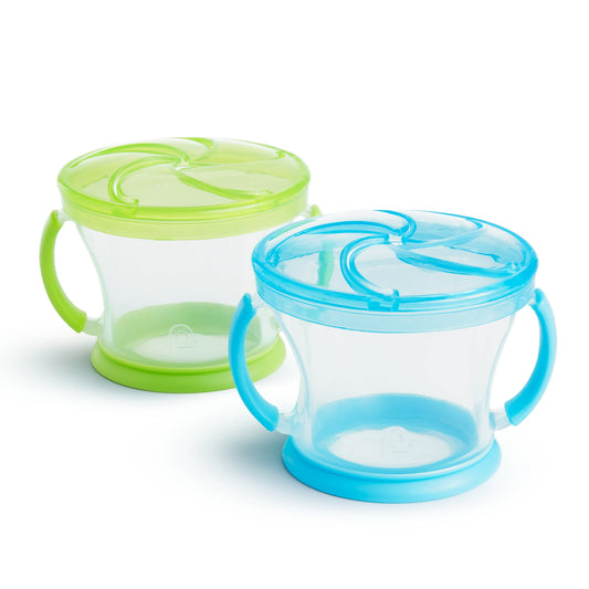 Two snack containers, one green and one blue, on a white background