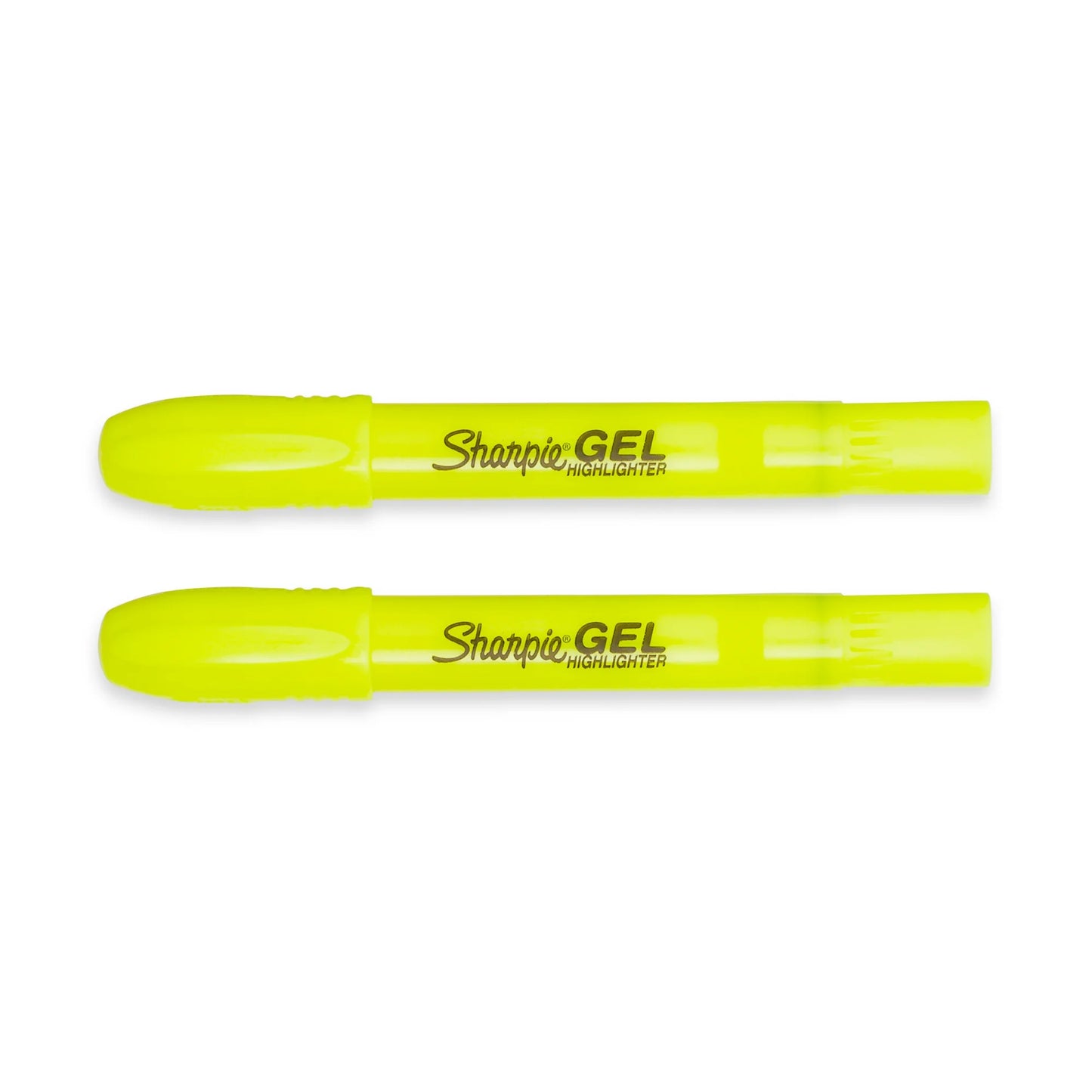 Two yellow gel highlighters on a white background