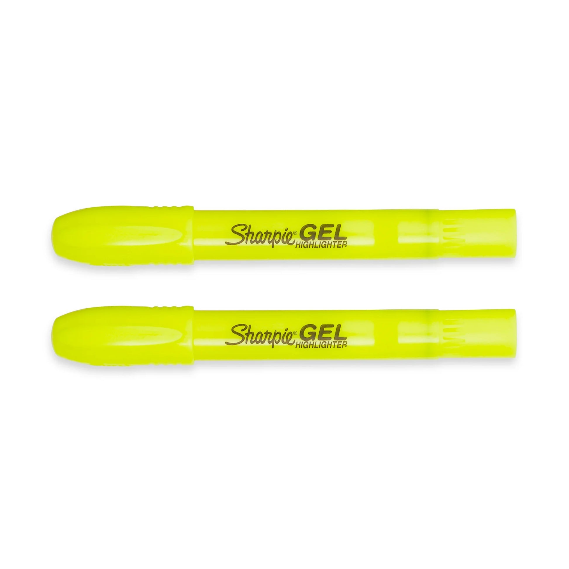 Two yellow gel highlighters on a white background