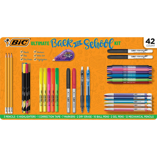Ultimate Back to School Kit packaging with various school supplies on an orange background