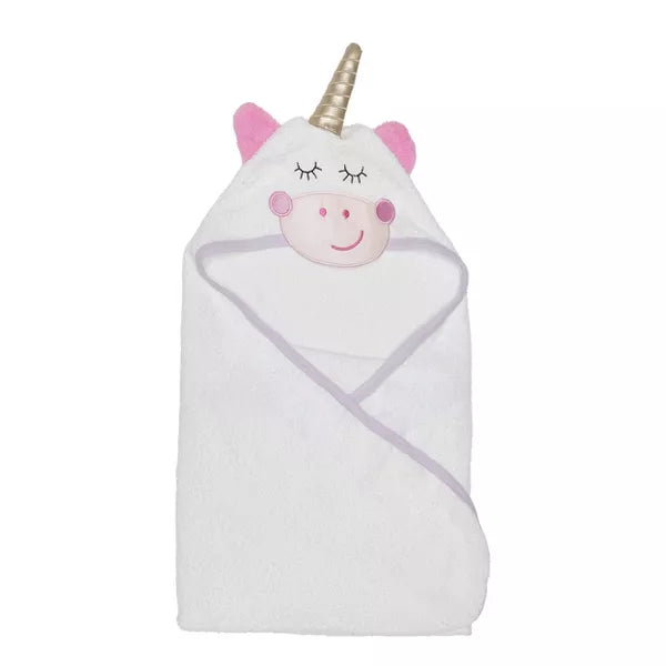 Unicorn-shaped hooded towel on a white background