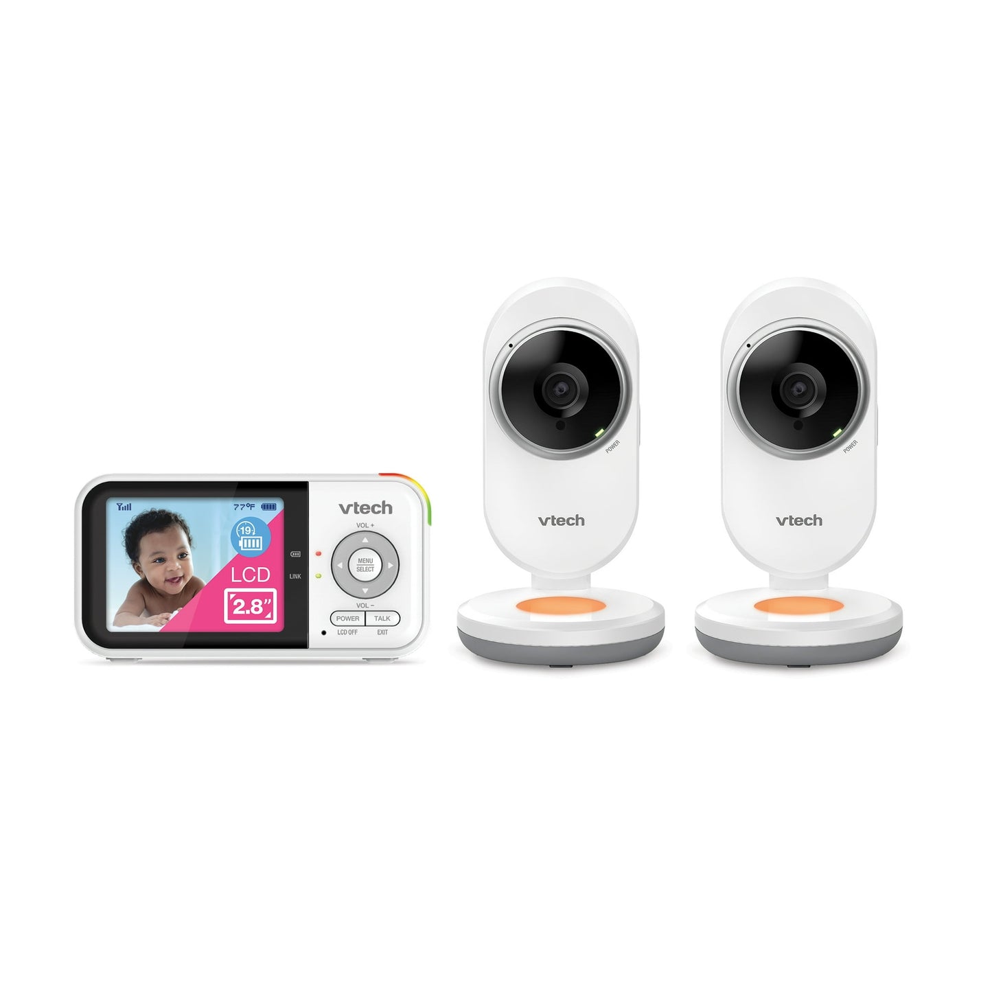 A digital video baby monitor system featuring a parent unit with screen and two camera units