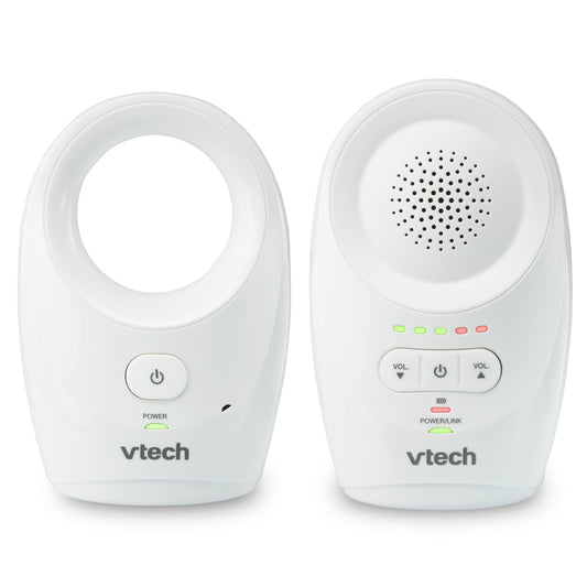 Two white audio units for monitoring, one parent unit with controls and one baby unit