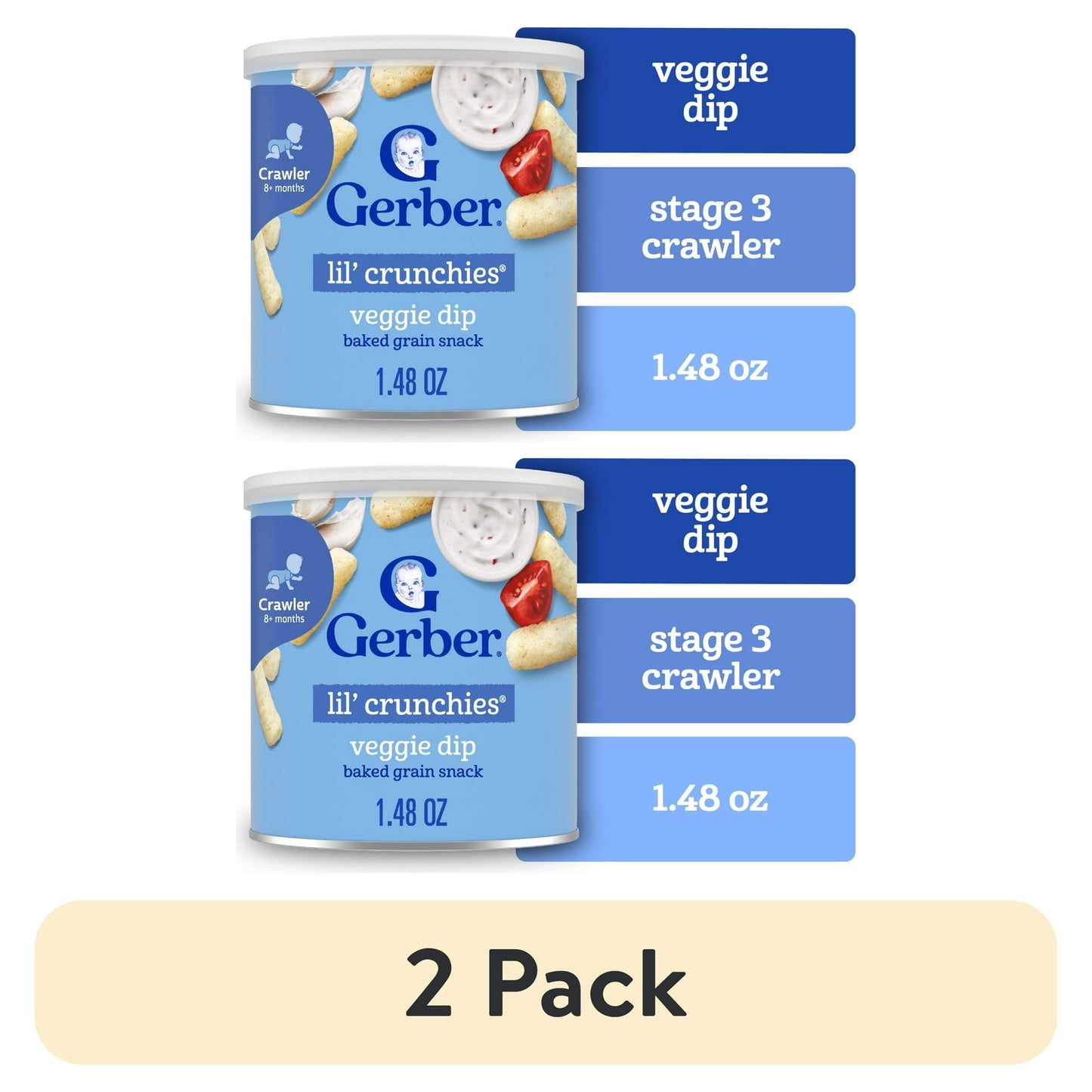 Veggie – 2-pack of 1.48 oz canisters of baked snack sticks for toddlers.