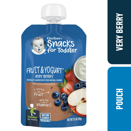 Very berry fruit and yogurt snacks for toddlers, 3.5 oz pouch – chewy yogurt snack made with real fruit.