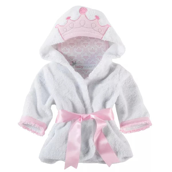 White baby robe with pink accents and a crown design on a white background