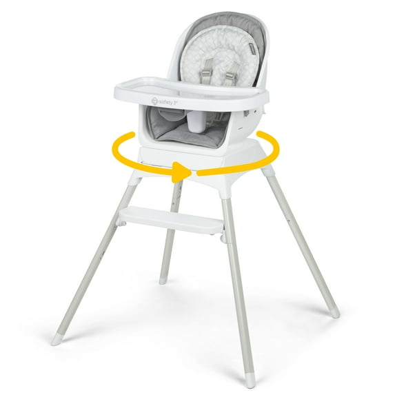 White high chair with gray cushion and yellow safety ring on a white background