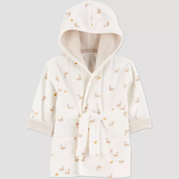 White hooded robe with duck pattern on a light gray background