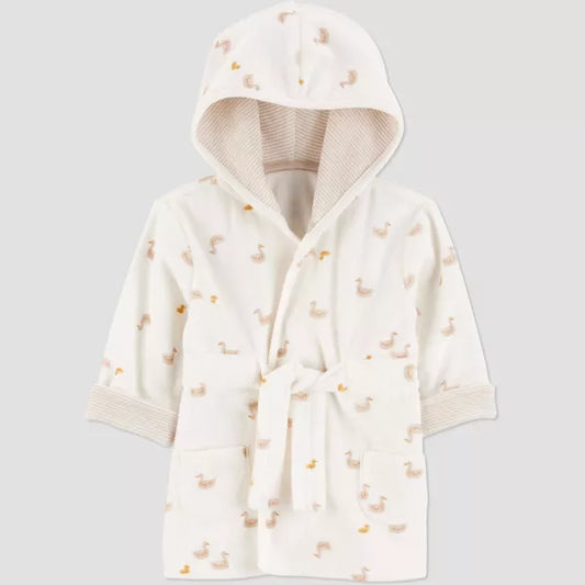White hooded robe with duck pattern on a light gray background