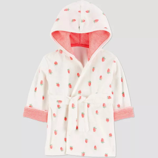 White robe with strawberry pattern on a gray background