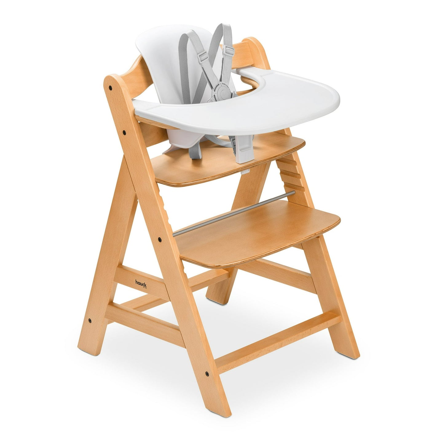 Wooden high chair with white seat and gray harness on a white background
