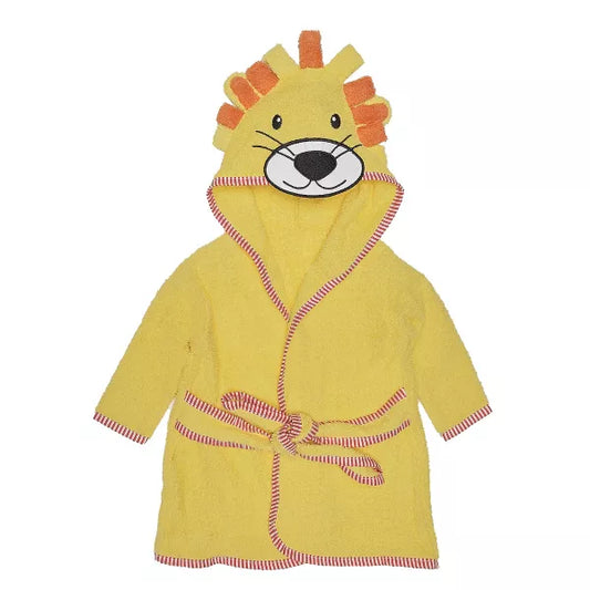 Yellow lion-themed children's robe on a white background