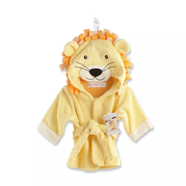 Yellow lion-themed children's robe with a hood on a white background